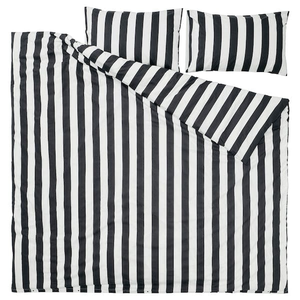 Ikea SLÅNHÖSTMAL - Duvet cover and 2 pillowcases, black/white/striped, 240x220/50x80 cm