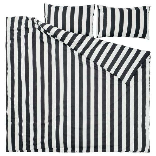 SLÅNHÖSTMAL duvet cover and 2 pillowcases, black/white/striped, 240x220/50x80 cm