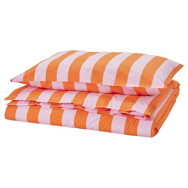 SLÅNHÖSTMAL duvet cover and pillowcase, orange/pink/striped, 150x200/50x80 cm