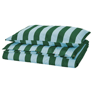 SLÅNHÖSTMAL duvet cover and pillowcase, light blue dark green/stripe, 150x200/50x80 cm