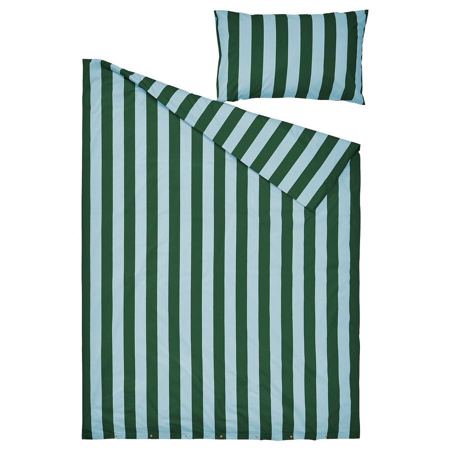 SLÅNHÖSTMAL duvet cover and pillowcase, light blue dark green/stripe, 150x200/50x80 cm