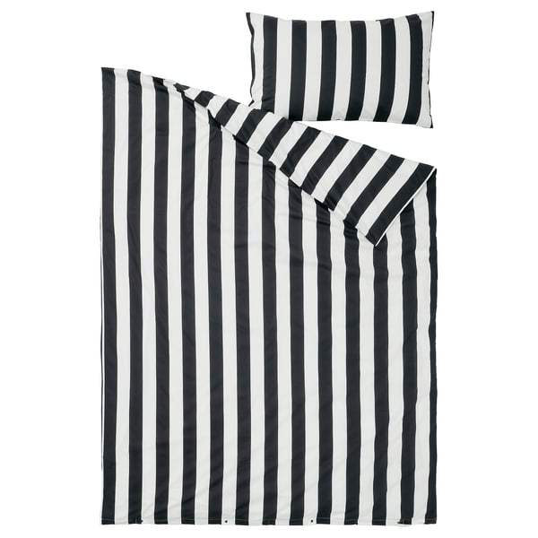 SLÅNHÖSTMAL duvet cover and pillowcase, black/white/striped, 150x200/50x80 cm