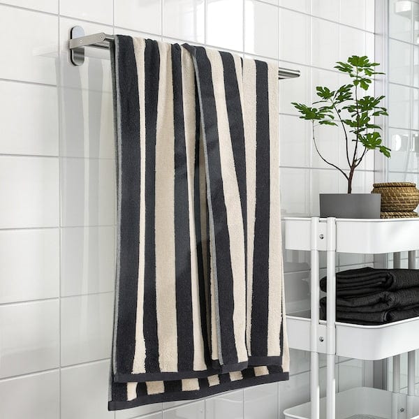 Ikea SLÅNHÖSTMAL - Bath sheet, black/light beige striped, 100x150 cm