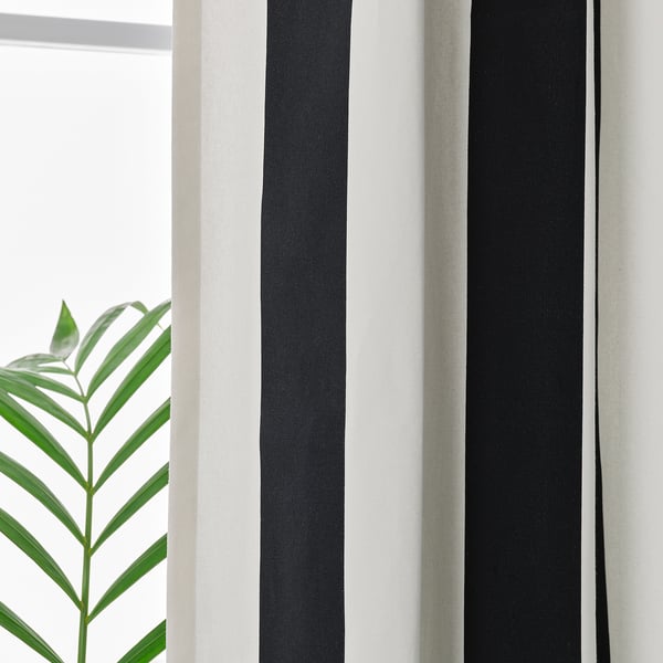 SLÅNHÖSTMAL curtains, 1 pair, white/black stripe/with eyelets, 145x300 cm