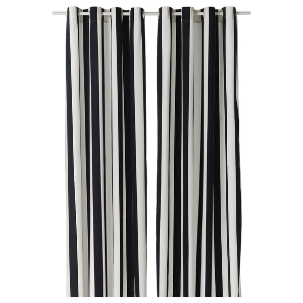 SLÅNHÖSTMAL curtains, 1 pair, white/black stripe/with eyelets, 145x300 cm