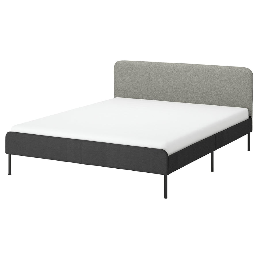 SLATTUM upholstered bed frame, Vissle dark grey/incl slipcover for headboard Öreryd grey/beige, 200x160 cm