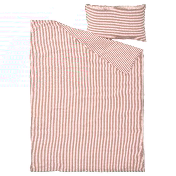 SMÅNUNNEÖRT duvet cover and pillowcase, red-brown white/striped, 150x200/50x80 cm
