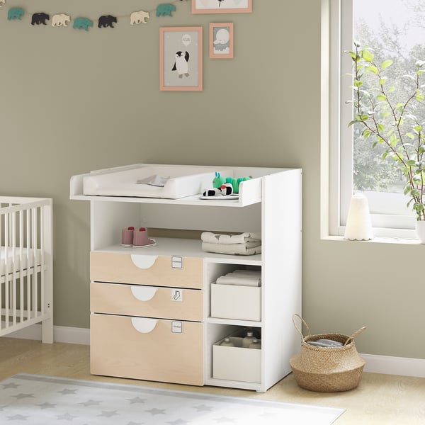 SMÅSTAD changing table, white birch/with 3 drawers, 90x79x100 cm