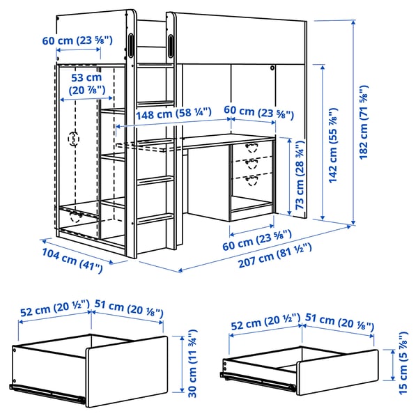 SMÅSTAD loft bed, white birch/with desk with 3 drawers, 90x200 cm
