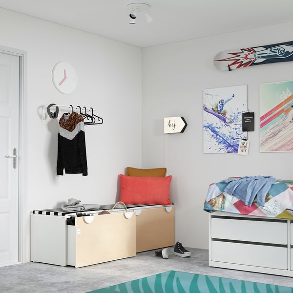 SMÅSTAD bench with toy storage, white/birch, 90x52x48 cm