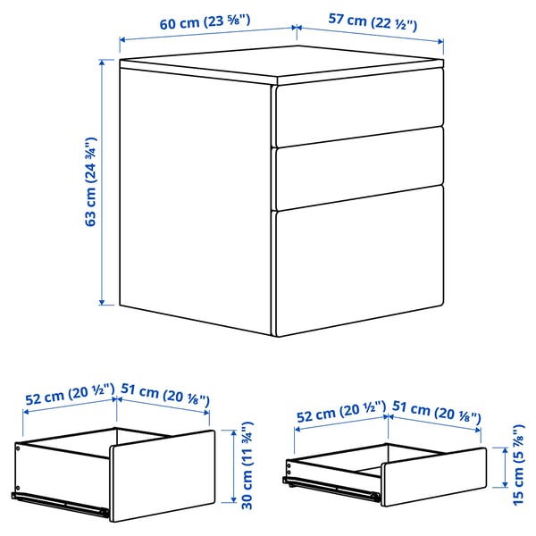 SMÅSTAD / PLATSA chest of 3 drawers, white/blue, 60x57x63 cm