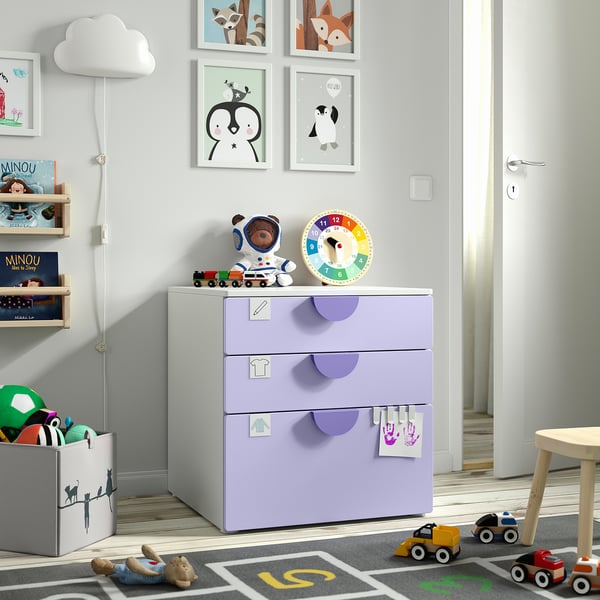SMÅSTAD / PLATSA chest of 3 drawers, white/lilac, 60x57x63 cm
