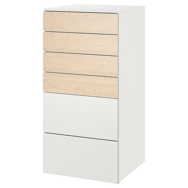 SMÅSTAD / PLATSA chest of 6 drawers, white birch/white, 60x57x123 cm
