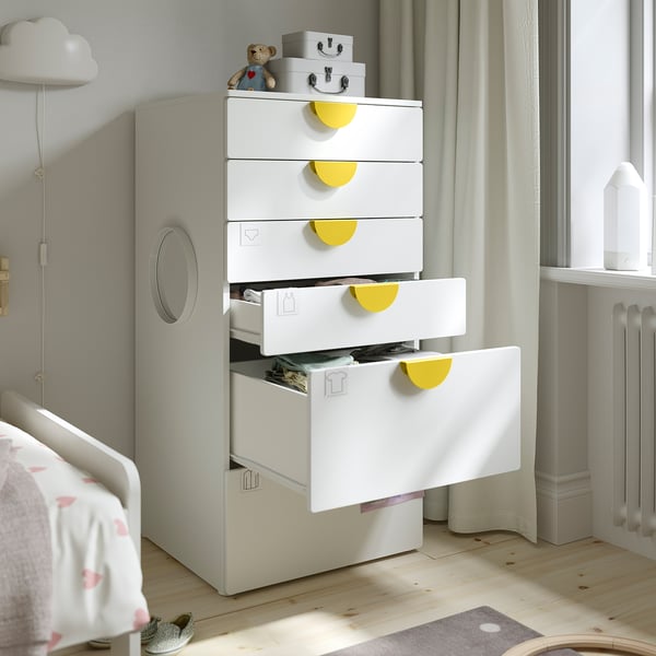 SMÅSTAD / PLATSA chest of 6 drawers, white/blue, 60x57x123 cm
