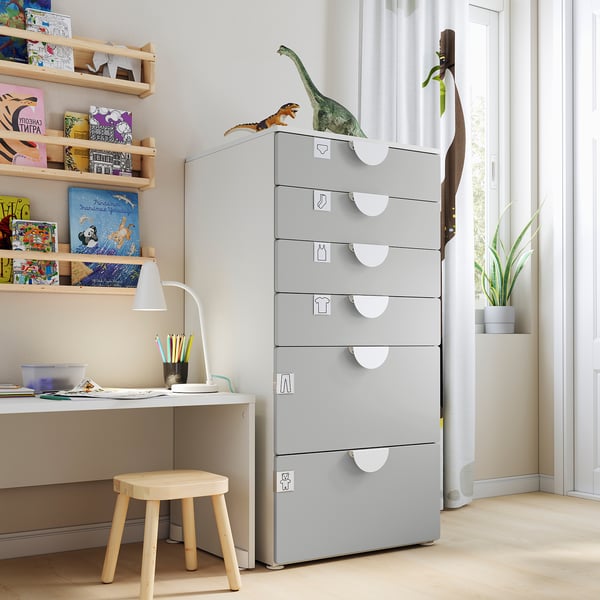 SMÅSTAD / PLATSA chest of 6 drawers, white/grey, 60x57x123 cm