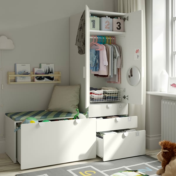 SMÅSTAD / PLATSA storage combination, white blue/with bench, 150x57x181 cm