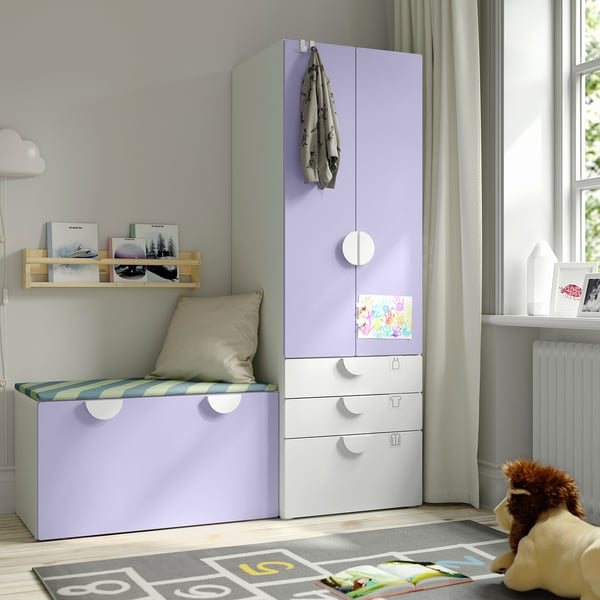 SMÅSTAD / PLATSA storage combination, white lilac/with bench, 150x57x181 cm