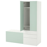 SMÅSTAD / PLATSA storage combination, white light green/with bench, 150x57x181 cm