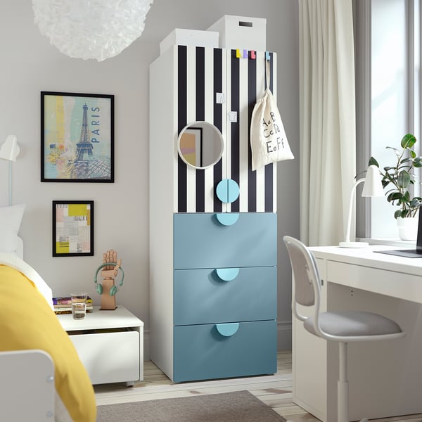 SMÅSTAD / PLATSA wardrobe, white stripe/blue with 3 drawers, 60x57x181 cm