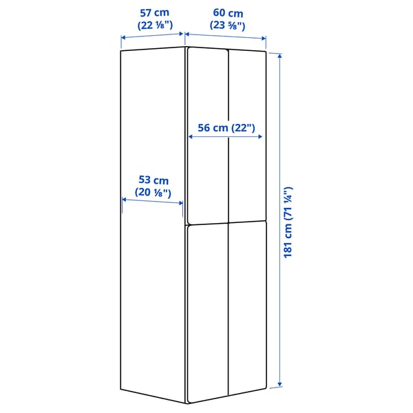 SMÅSTAD / PLATSA wardrobe, white birch/with 2 clothes rails, 60x57x181 cm
