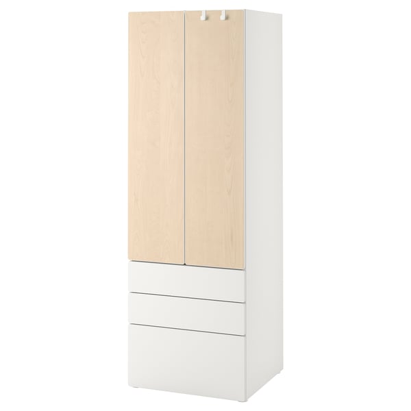 SMÅSTAD / PLATSA wardrobe, white/birch with 3 drawers, 60x42x181 cm