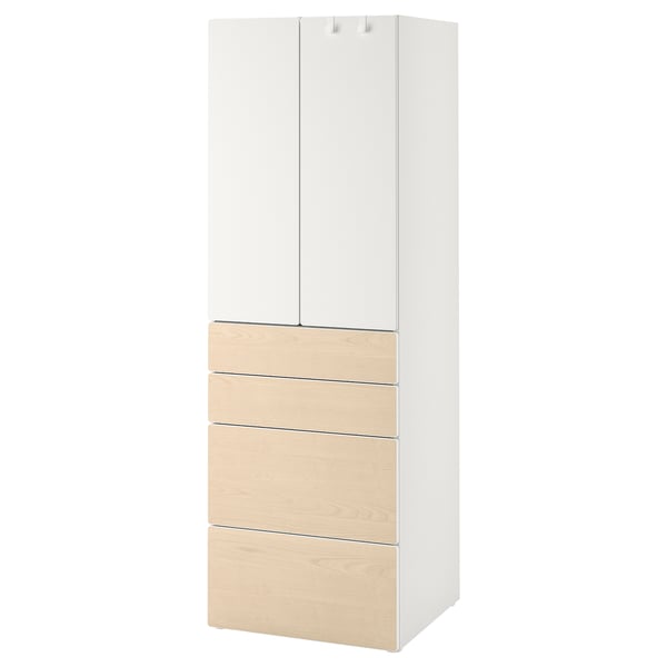 SMÅSTAD / PLATSA wardrobe, white/birch with 4 drawers, 60x42x181 cm