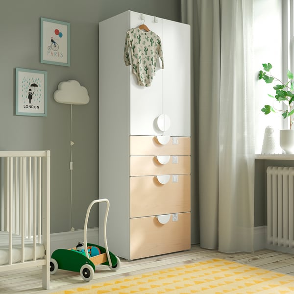 SMÅSTAD / PLATSA wardrobe, white/birch with 4 drawers, 60x42x181 cm