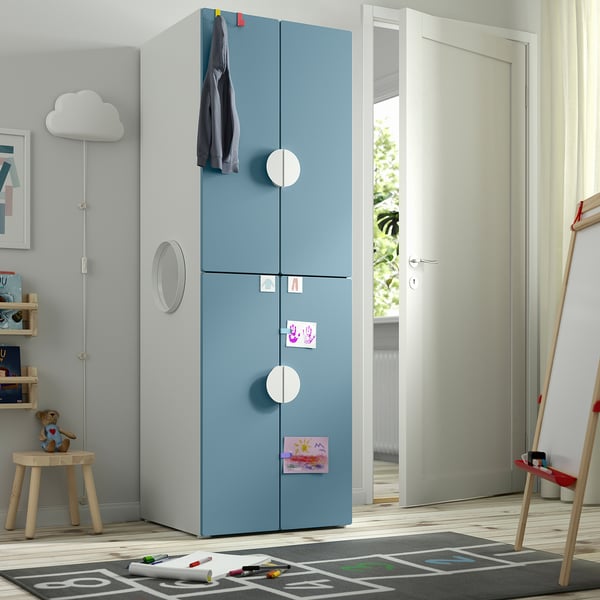 SMÅSTAD / PLATSA wardrobe, white blue/with 2 clothes rails, 60x57x181 cm