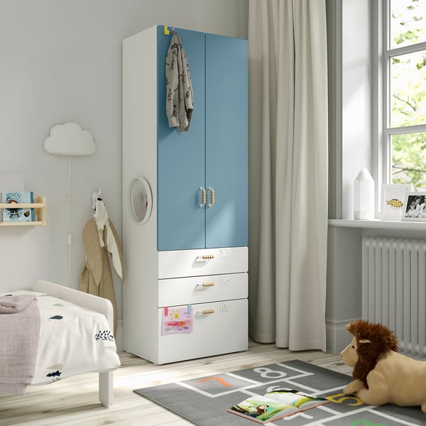 SMÅSTAD / PLATSA wardrobe, white blue/with 3 drawers, 60x42x181 cm