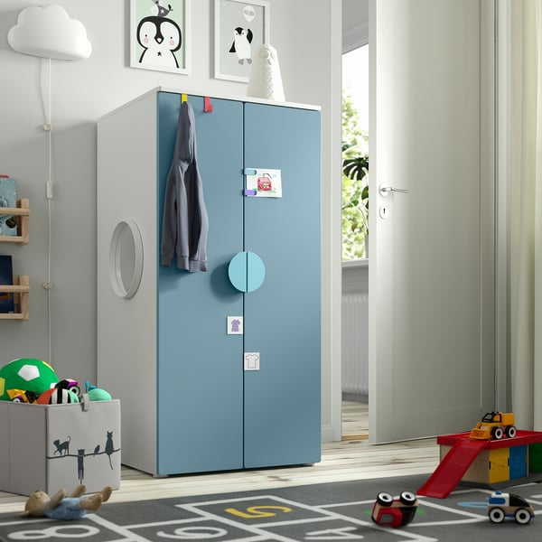 SMÅSTAD / PLATSA wardrobe, white blue/with 3 shelves, 60x57x123 cm