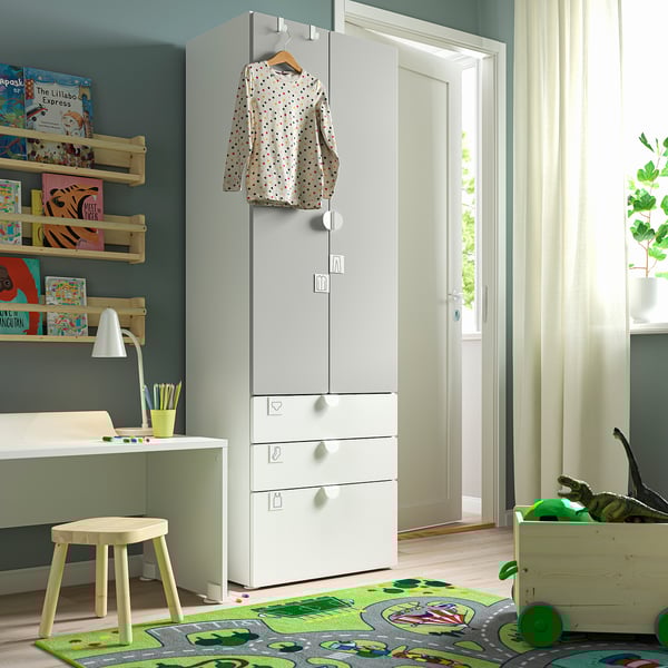 SMÅSTAD / PLATSA wardrobe, white grey/with 3 drawers, 60x42x181 cm