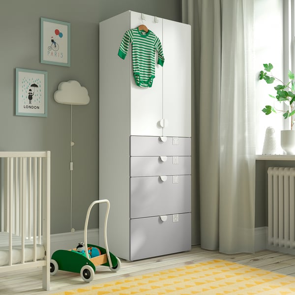 SMÅSTAD / PLATSA wardrobe, white grey/with 4 drawers, 60x42x181 cm