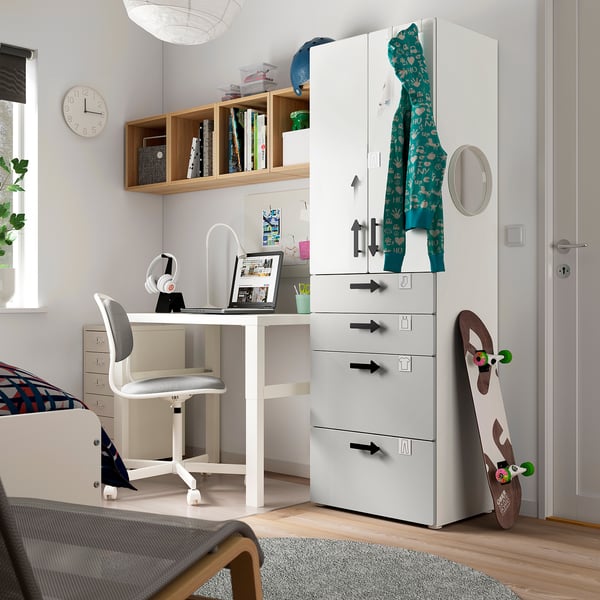 SMÅSTAD / PLATSA wardrobe, white grey/with 4 drawers, 60x42x181 cm