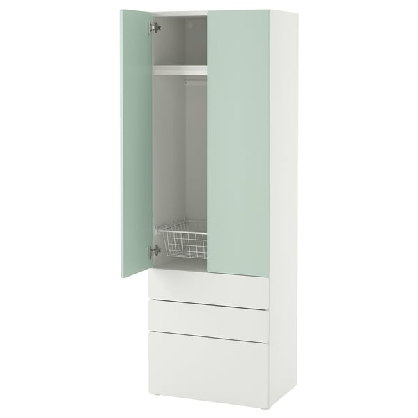 SMÅSTAD / PLATSA wardrobe, white light green/with 3 drawers, 60x42x181 cm