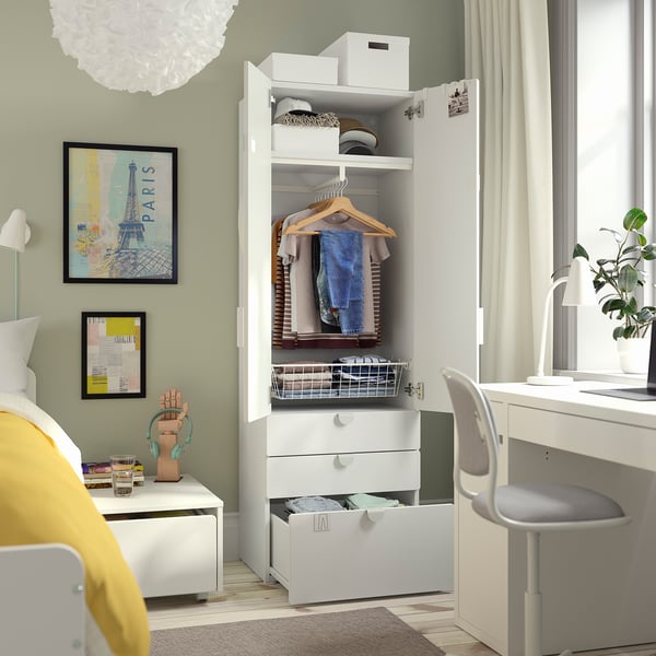 SMÅSTAD / PLATSA wardrobe, white light green/with 3 drawers, 60x42x181 cm