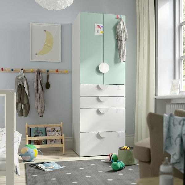 Ikea SMÅSTAD / PLATSA - Wardrobe, white light green/with 4 drawers, 60x57x181 cm