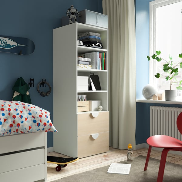 SMÅSTAD / PLATSA bookcase, white birch/with 2 drawers, 60x57x181 cm