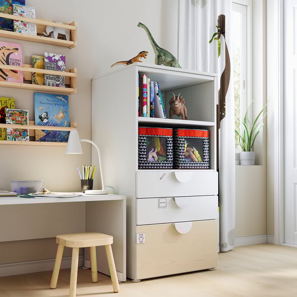 SMÅSTAD / PLATSA bookcase, white birch/with 3 drawers, 60x57x123 cm