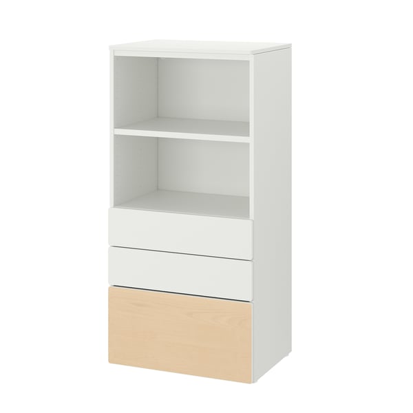 SMÅSTAD / PLATSA bookcase, white birch/with 3 drawers, 60x42x123 cm