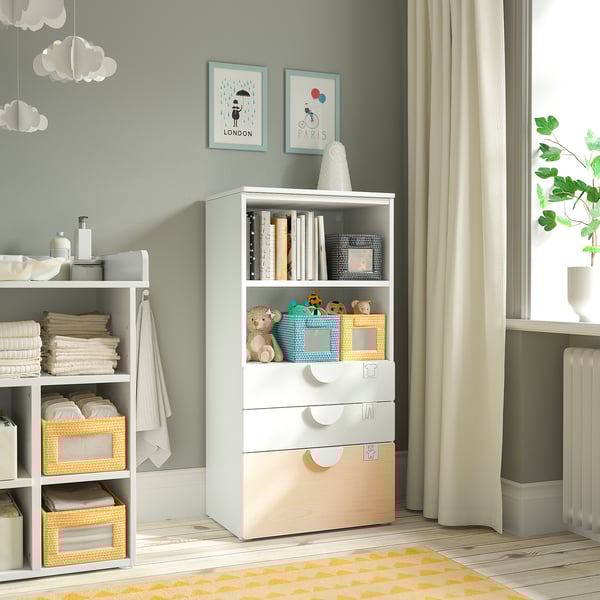 SMÅSTAD / PLATSA bookcase, white birch/with 3 drawers, 60x42x123 cm