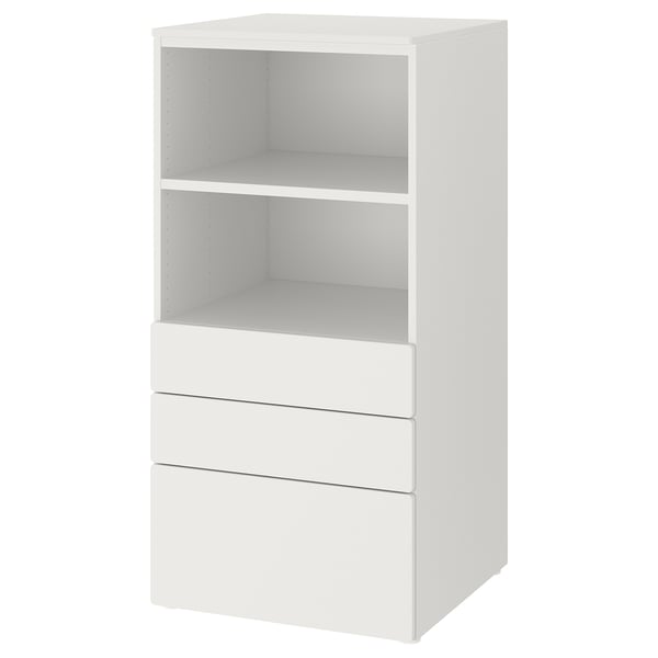 SMÅSTAD / PLATSA bookcase, white white/with 3 drawers, 60x57x123 cm