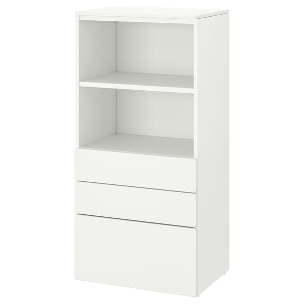 SMÅSTAD / PLATSA bookcase, white light green/with 3 drawers, 60x42x123 cm