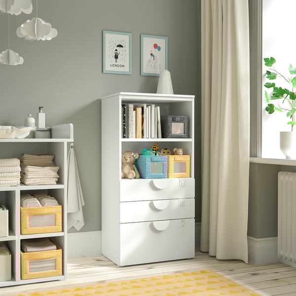 SMÅSTAD / PLATSA bookcase, white white/with 3 drawers, 60x42x123 cm