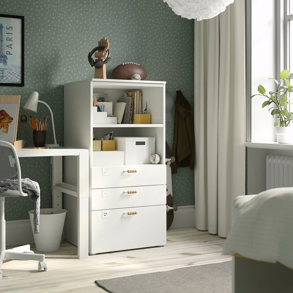 SMÅSTAD / PLATSA bookcase, white white/with 3 drawers, 60x57x123 cm