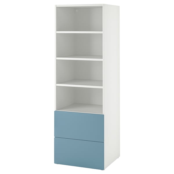 SMÅSTAD / PLATSA bookcase, white blue/with 2 drawers, 60x57x181 cm