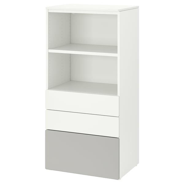 SMÅSTAD / PLATSA bookcase, white pale pink/with 3 drawers, 60x42x123 cm