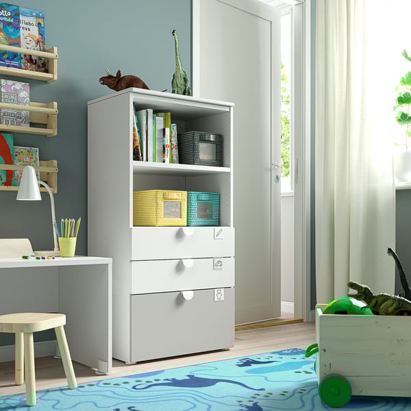 SMÅSTAD / PLATSA bookcase, white grey/with 3 drawers, 60x42x123 cm