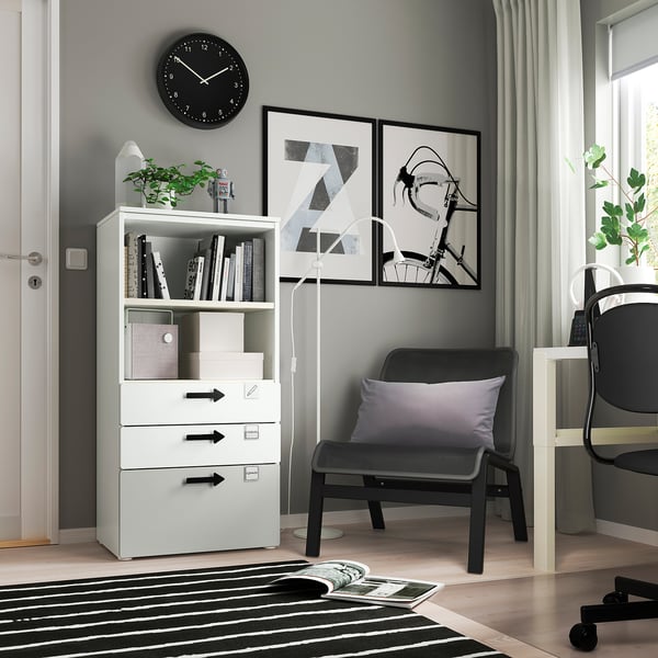 SMÅSTAD / PLATSA bookcase, white grey/with 3 drawers, 60x42x123 cm