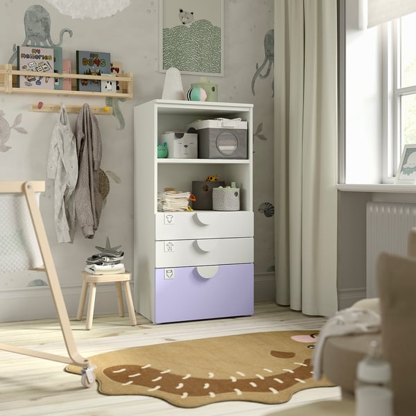 SMÅSTAD / PLATSA bookcase, white lilac/with 3 drawers, 60x42x123 cm