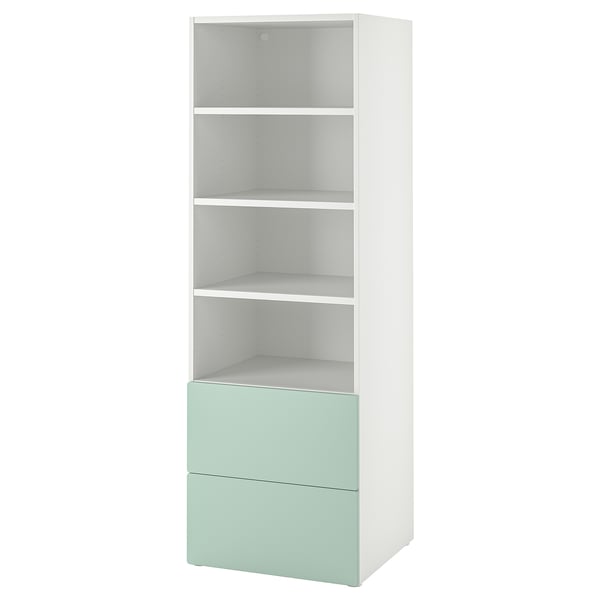 SMÅSTAD / PLATSA bookcase, white light green/with 2 drawers, 60x57x181 cm
